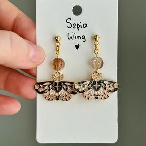 🦋 Handmade Earrings – Sepia Wing Gold & Black Moth
